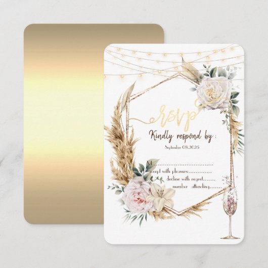 エレガントな花柄ゴールドフレーム シャンパングラス RSVP 招待状 (正面/裏面)