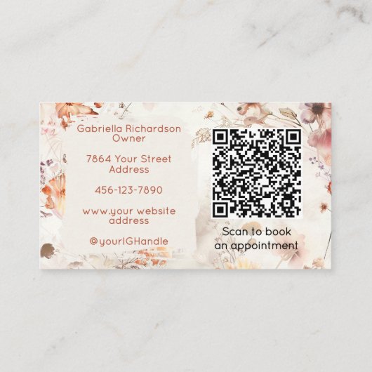エレガントな花柄ソーシャルアイコンQRコード写真メイクアップ 名刺 (裏面)