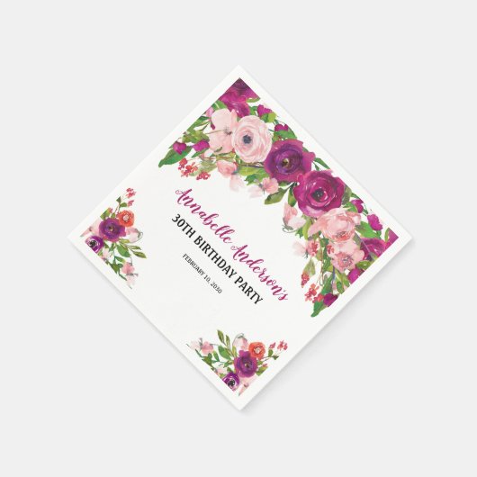 エレガントな花柄ピンクパープル水彩誕生日 スタンダードカクテルナプキン (角)