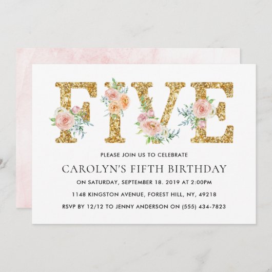エレガントな花柄 ゴールドグリッター 5歳 誕生日 招待状 (正面/裏面)