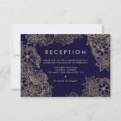 エレガントな花柄 ゴールド ネイビーブルー 受付 結婚式 招待状 (正面)