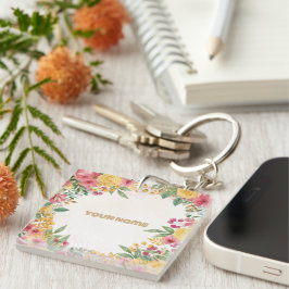 エレガントな花柄 デュアルネーム ブライダルシャワー 招待状 キーホルダー