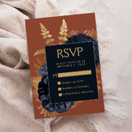 エレガントな花柄 ネイビーブルー×くすんだオレンジ×ゴールドの結婚式RSVP エンクロージャーカード