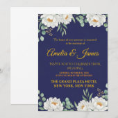 エレガントな花柄 ネイビーブルー 結婚式招待状 招待状 (正面/裏面)