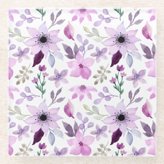 エレガントな花柄　赤と青の葉のグ ガラスコースター (正面)