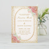 エレガントな花模様のゴールドフレーム グリッター ヌエストラ ボダ 招待状 (スタンド正面)