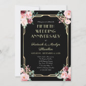 エレガントな花模様のゴールド 50周年結婚記念日 招待状 (正面)