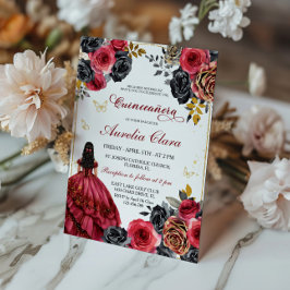エレガントな花模様のブラックとレッドのキンセアニエラ 招待状