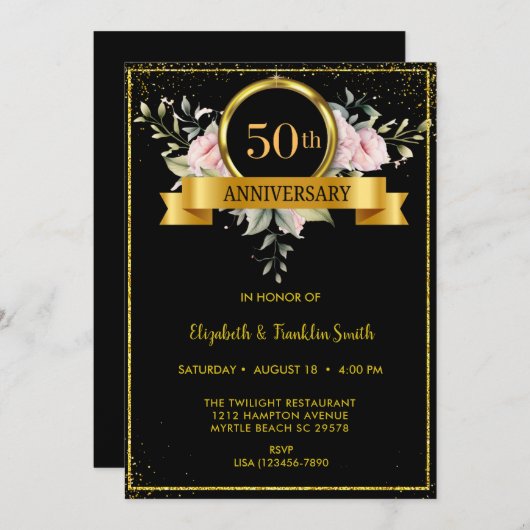 エレガントな花模様のブラックゴールド 50周年記念 招待状 (正面/裏面)