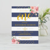 エレガントな花海軍白のストライプの誕生会 招待状 (スタンド正面)