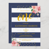 エレガントな花海軍白のストライプの誕生会 招待状 (正面/裏面)