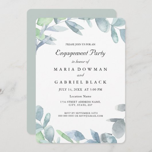 エレガントな花環の植物学的葉飾り。エンゲージメントパーティー 招待状 (正面/裏面)
