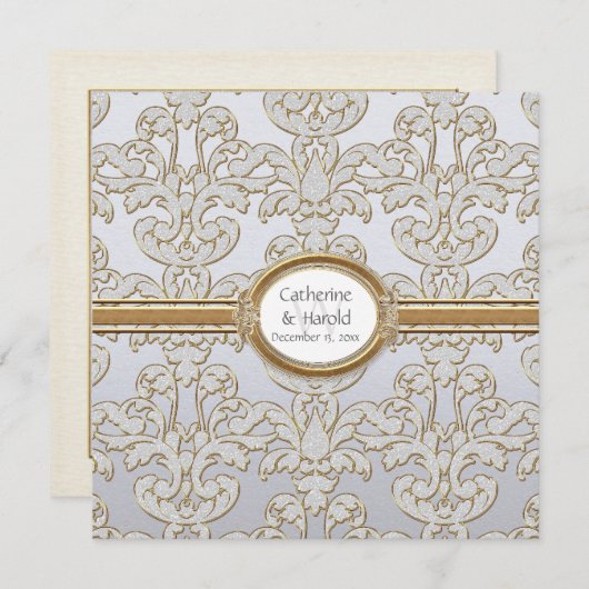 エレガントな花葉ダマスクバロックゴールドスワールカード 招待状 (正面/裏面)