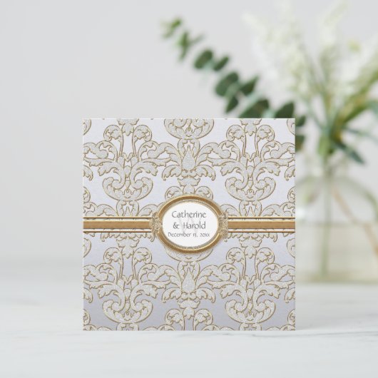 エレガントな花葉ダマスクバロックゴールドスワールカード 招待状 (スタンド正面)