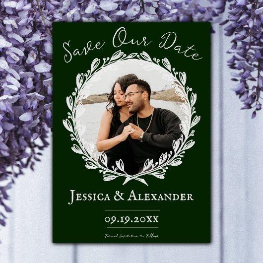 エレガントな花輪の写真フレーム | エメラルドグリーン セーブザデート