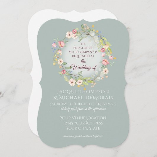 エレガントな花輪 シルバーセージ ボヘミアンフラワー ウェディング 招待状 (正面/裏面)