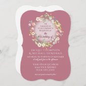 エレガントな花輪 ダスティピンクのバラ 花のウェディング 招待状 (正面/裏面)