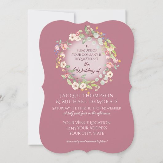 エレガントな花輪 ダスティピンクのバラ 花のウェディング 招待状 (正面)