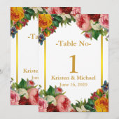 エレガントな花飾り付きゴールドの結婚式テーブルナンバー 招待状 (正面/裏面)