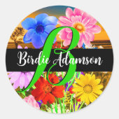 エレガントな花:おしゃれでスタイリッシュなモノグラムスクリプト名 ラウンドシール (正面)