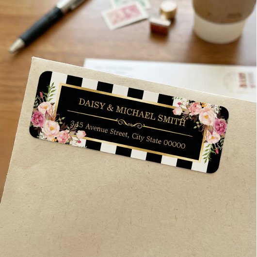 エレガントな花 ブラック ホワイト ストライプ ゴールド フレーム ラベル