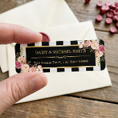 エレガントな花 ブラック ホワイト ストライプ ゴールド フレーム ラベル