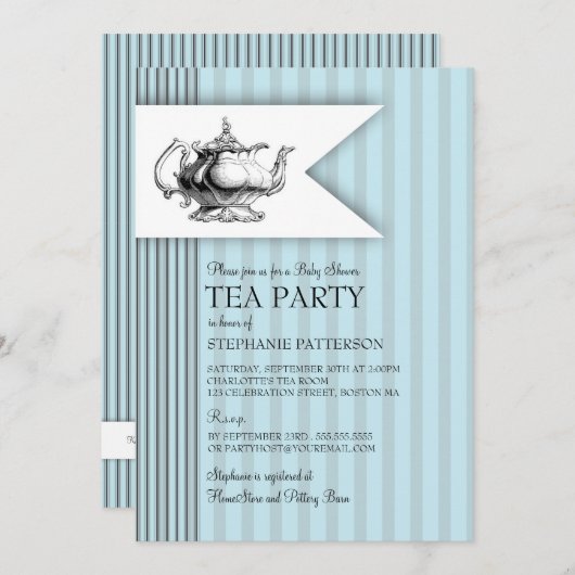 エレガントな茶カチカチ音をたてるストライプなベビーシャワーのお茶会 招待状 (正面/裏面)