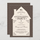 エレガントな茶色のダマスク織のクリームの家の引っ越し祝いパーティー 招待状 (正面/裏面)