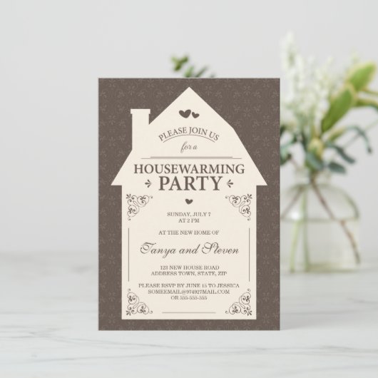エレガントな茶色のダマスク織のクリームの家の引っ越し祝いパーティー 招待状 (スタンド正面)