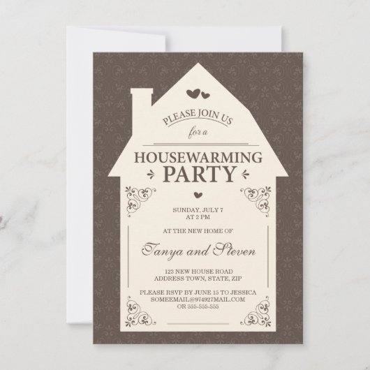 エレガントな茶色のダマスク織のクリームの家の引っ越し祝いパーティー 招待状 (正面)