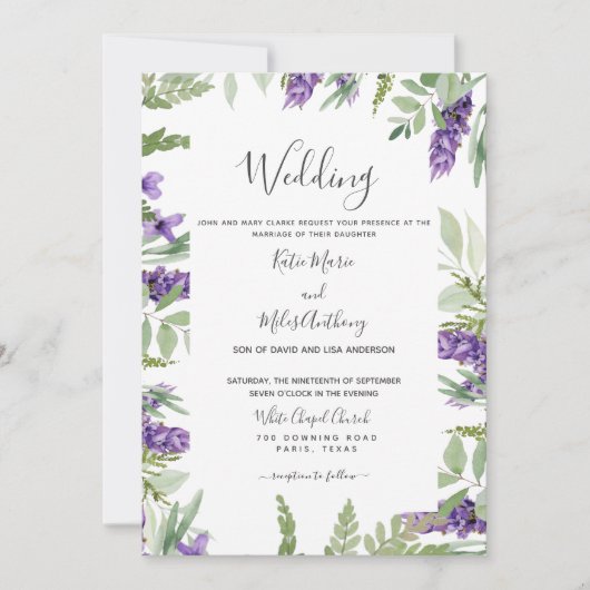エレガントな葉とラベンダーのウェディング 招待状 (正面)