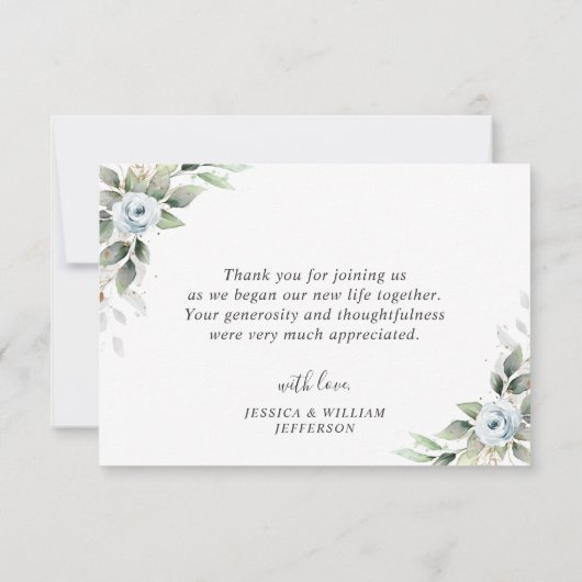 エレガントな葉のほこりブルーの花 サンキューカード (裏面)