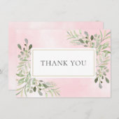 エレガントな葉のグリーン ピンクの水彩画 ありがとう サンキューカード (正面/裏面)