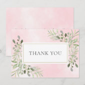エレガントな葉のグリーン ピンクの水彩画 サンクスメッセージ サンキューカード (正面/裏面)