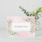 エレガントな葉のグリーン ピンクの水彩画 サンクスメッセージ サンキューカード (スタンド正面)