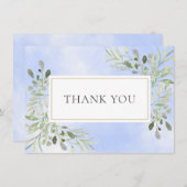 エレガントな葉のグリーン 水彩 ブルー サンクス サンキューカード (正面/裏面)