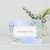 エレガントな葉のグリーン 水彩 ブルー サンクス サンキューカード (スタンド正面)