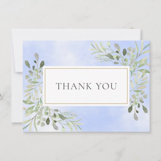 エレガントな葉のグリーン 水彩 ブルー サンクス サンキューカード (正面)