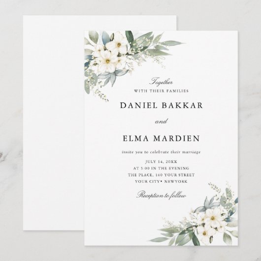 エレガントな葉のボホ水彩花のウェディング 招待状 (正面/裏面)