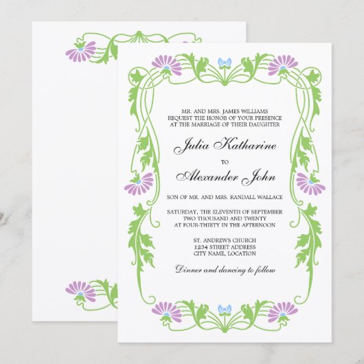 エレガントな葉の花とスワール ウェディング招待状 招待状 (正面/裏面)