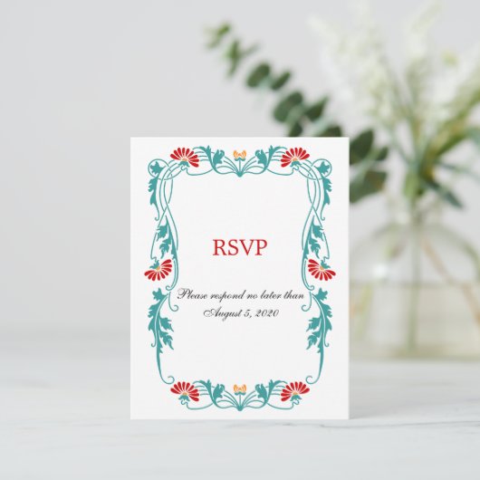 エレガントな葉の花と渦巻きの返信カード 招待状 (スタンド正面)