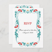 エレガントな葉の花と渦巻きの返信カード 招待状 (正面/裏面)