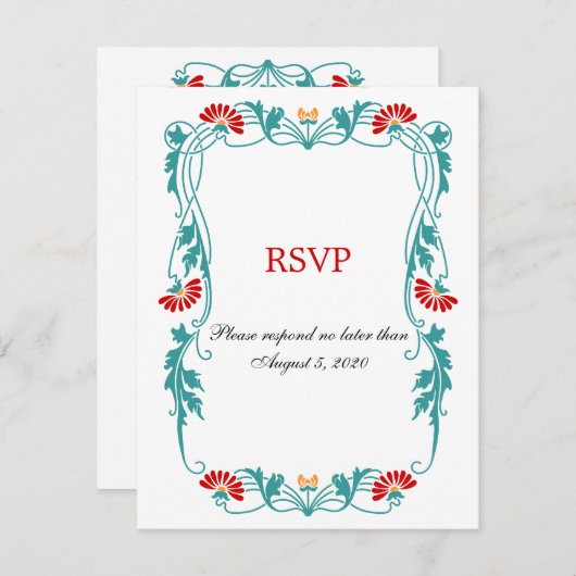 エレガントな葉の花と渦巻きの返信カード 招待状 (正面/裏面)