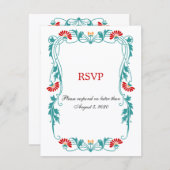 エレガントな葉の花と渦巻きの返信カード 招待状 (正面/裏面)