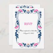 エレガントな葉の花と渦巻きの返信カード 招待状 (正面/裏面)