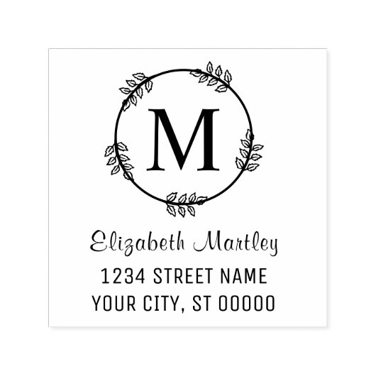 エレガントな葉の花輪　イニシャル　名前　送り先住所 セルフインキングスタンプ (デザイン)