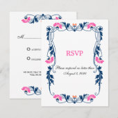 エレガントな葉の花飾りと渦巻きの出欠確認カード / 返信カード 招待状 (正面/裏面)