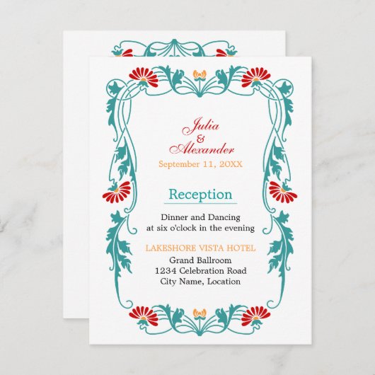 エレガントな葉の花飾りと渦巻きの受付カード 招待状 (正面/裏面)