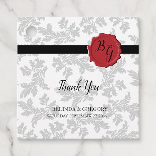 エレガントな葉模様とワックスシールのウェディングギフト フェイバータグ (正面)