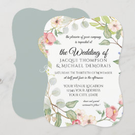 エレガントな葉 銀のセージ 水彩 ワイルドローズ 招待状